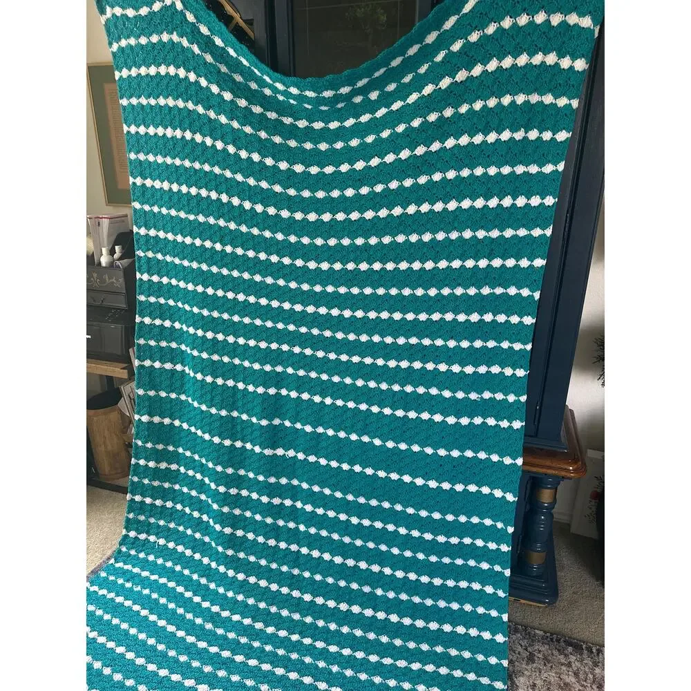 Handmade afghan crochet granny blanket teal turquoise and white stripe scalloped